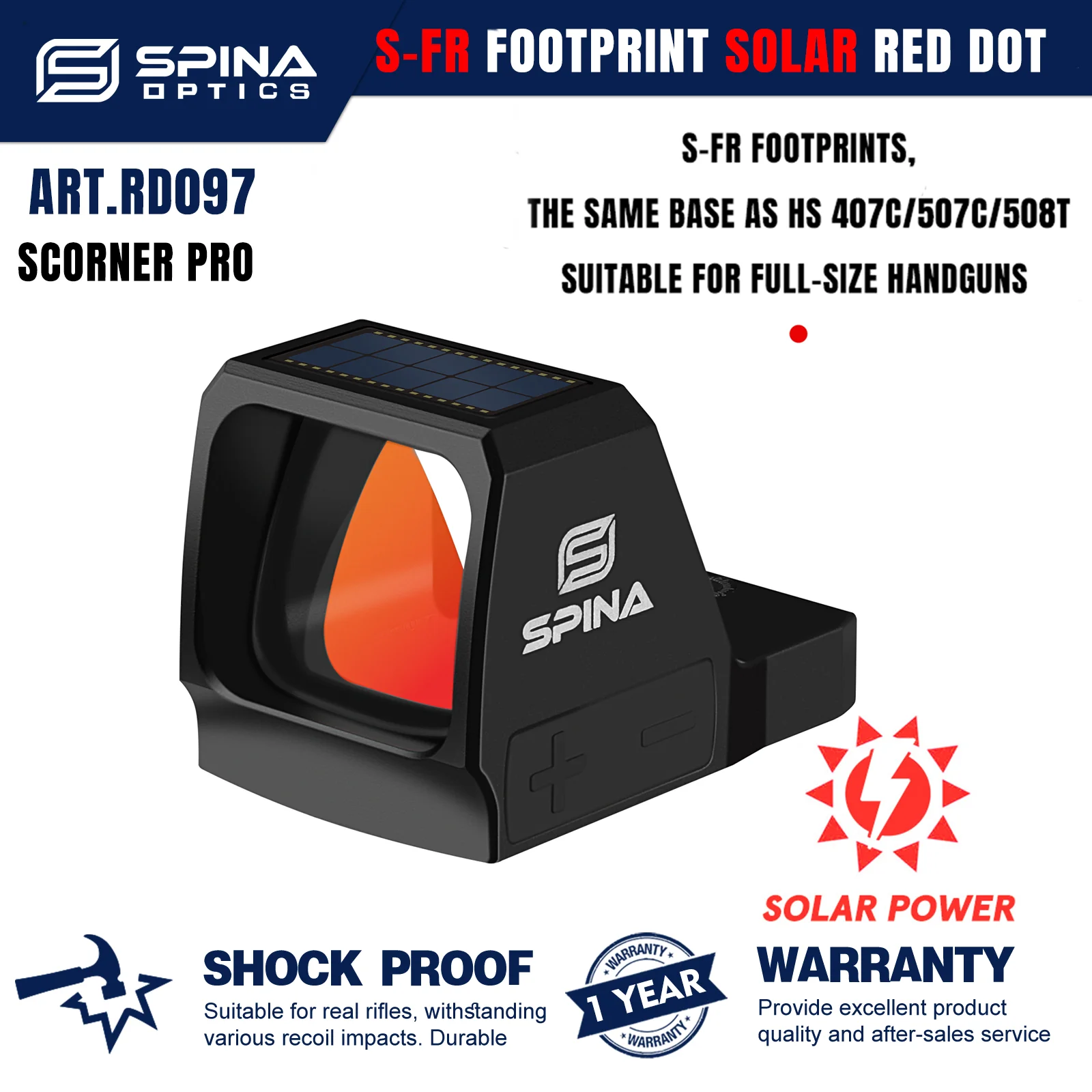 

SPINA OPTICS Scorner Solar Energy Wide Field S-FR Red Dot Sight HS 407C/507C/508T Glock 17/19 Pistol with Footprint Adapter.9mm