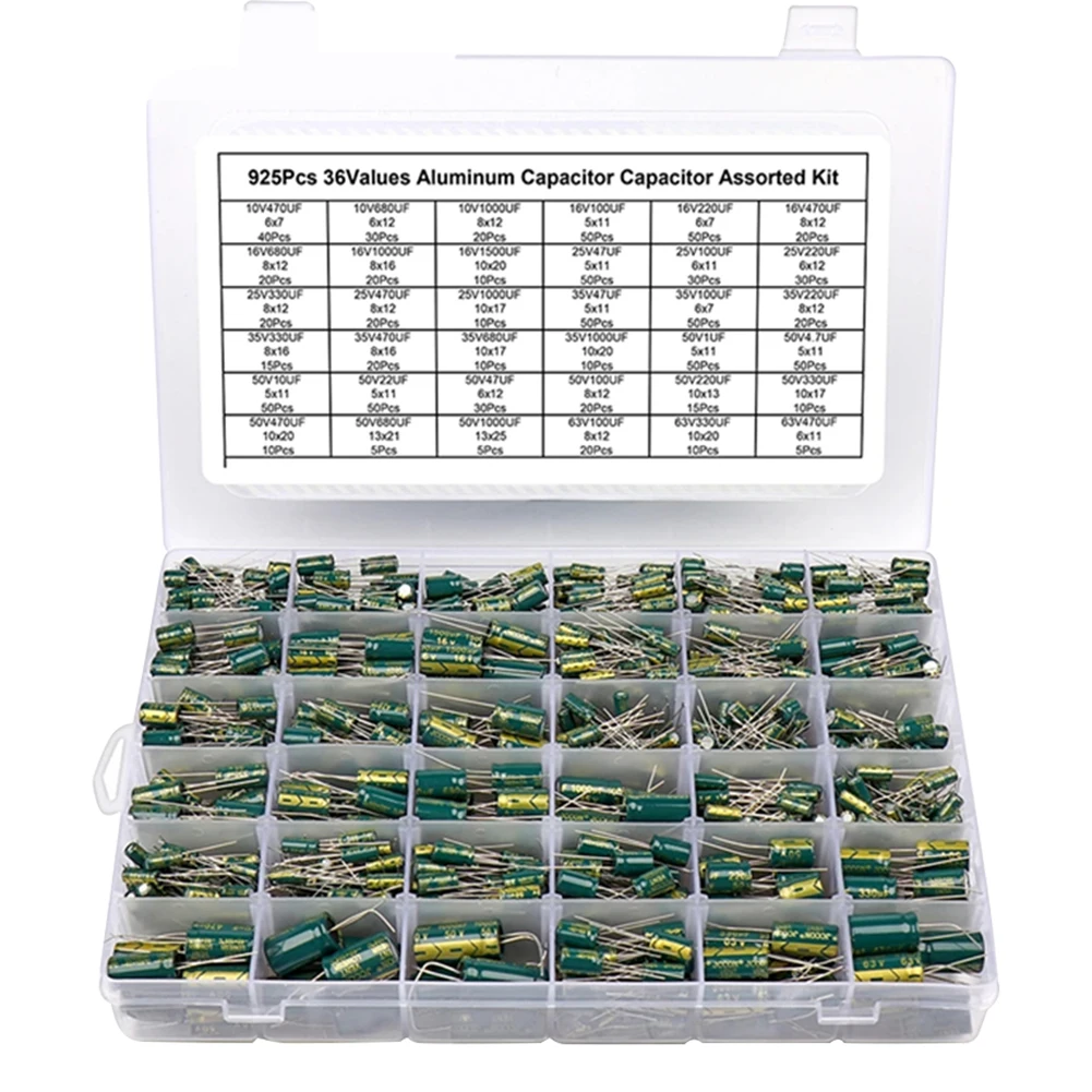 

15/24/36 Values 225/460/925Pcs Aluminum Electrolytic Capacitors 16V-50V Electrolytic Capacitor Assortment Kit for DIY Projects