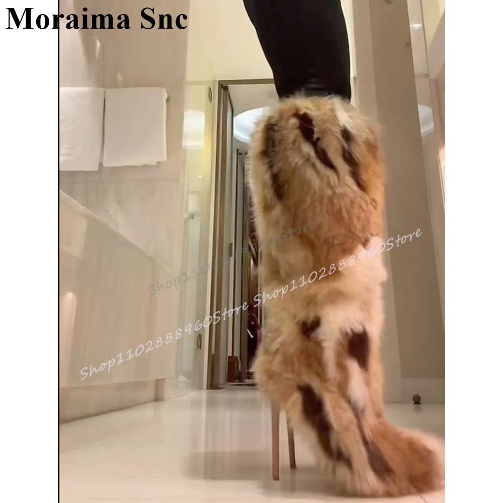 

Trendy Knee High Mixed Furry Warm Boots Stilettos High Heel Shoes For Women Pointed Toe Stylish Occidental Style Women Boots