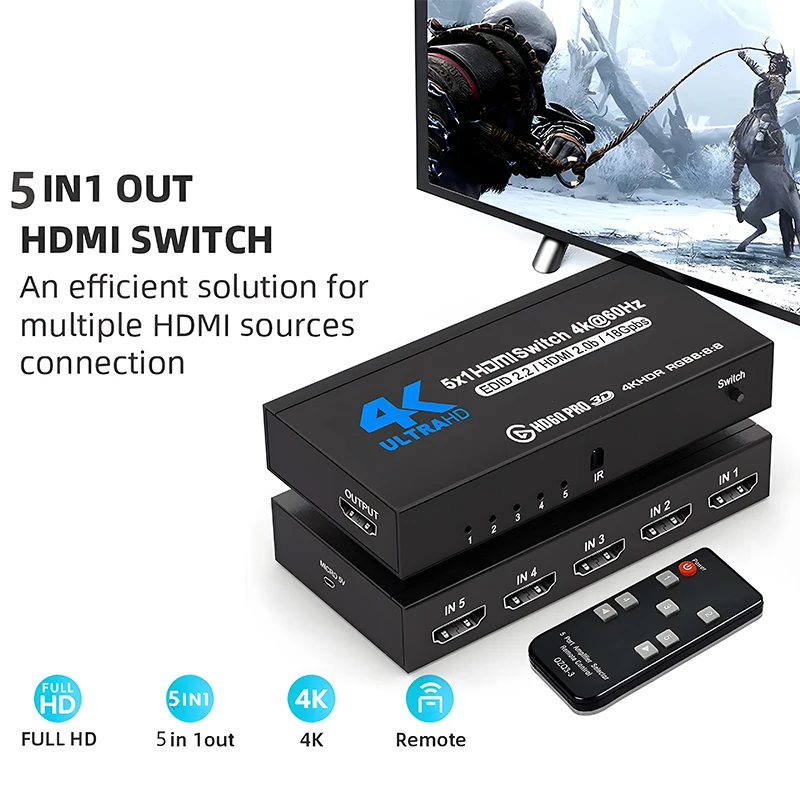 5 Port HDMI-Compatible Switch 4K@60Hz HDMI-Compatible 2.0 5x1 Switcher Audio Video Converter 5 In 1 Out Support HDR & HDCP 2.2