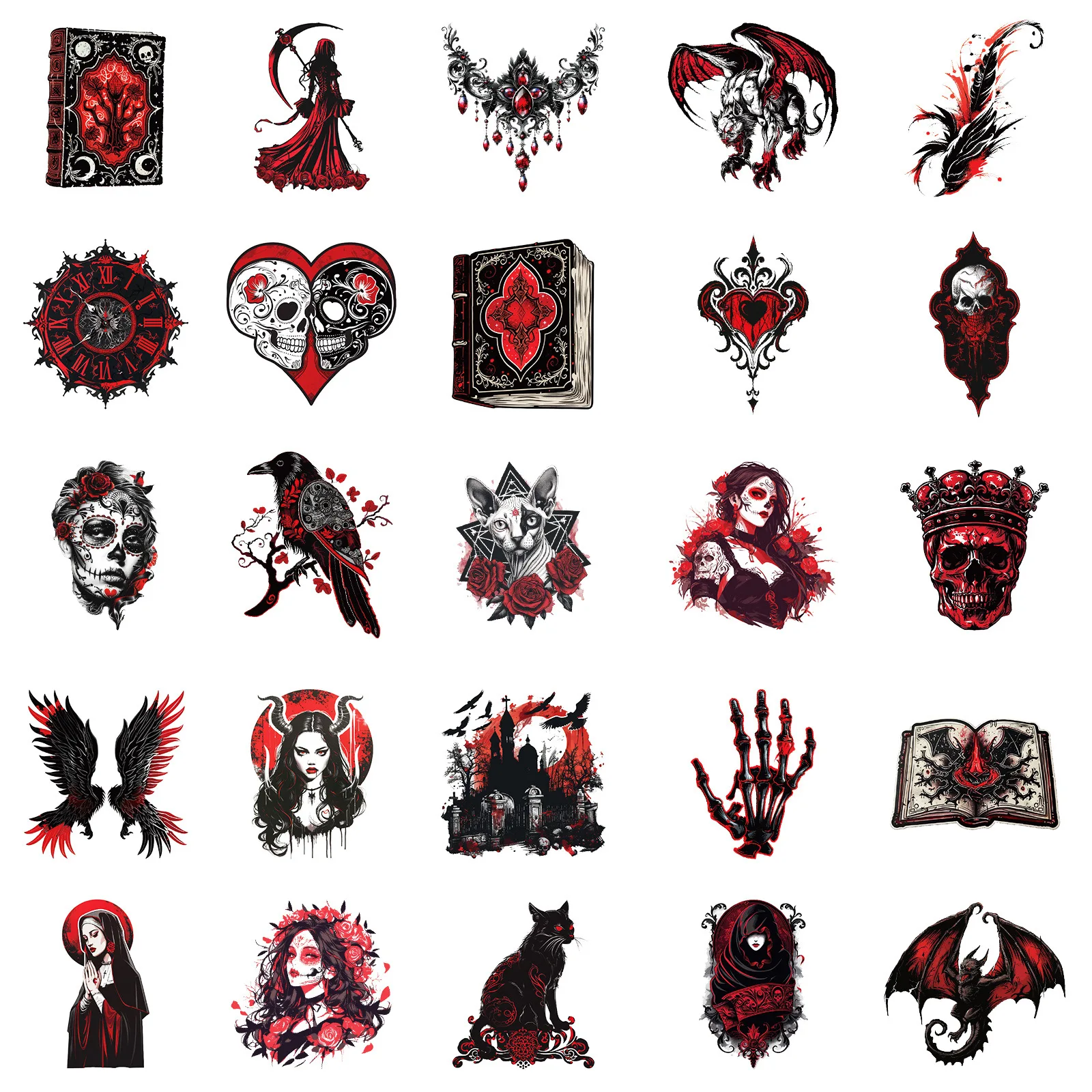 10/30/50PCS Gothic Style Satanic Red And Black Skull Thriller Horror Sticker Graffiti Decorative Water Cup Laptop Sticker