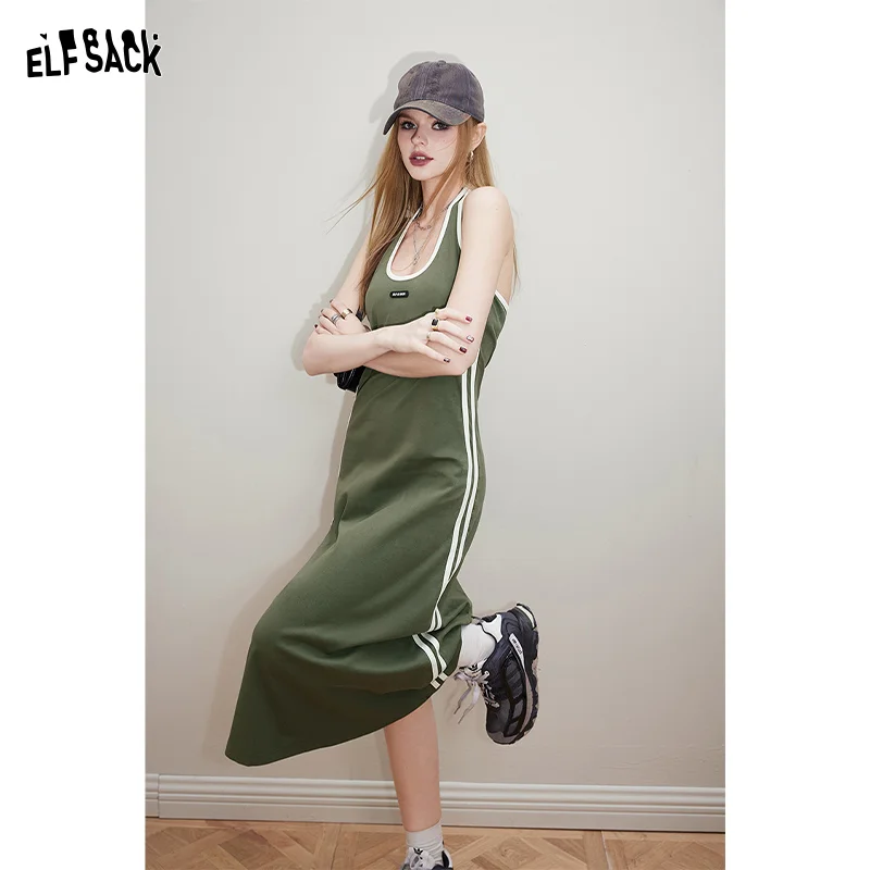 ELFSACK Sports style black suspender dress for women's spring 2024 new slimming hanging neck long skirt