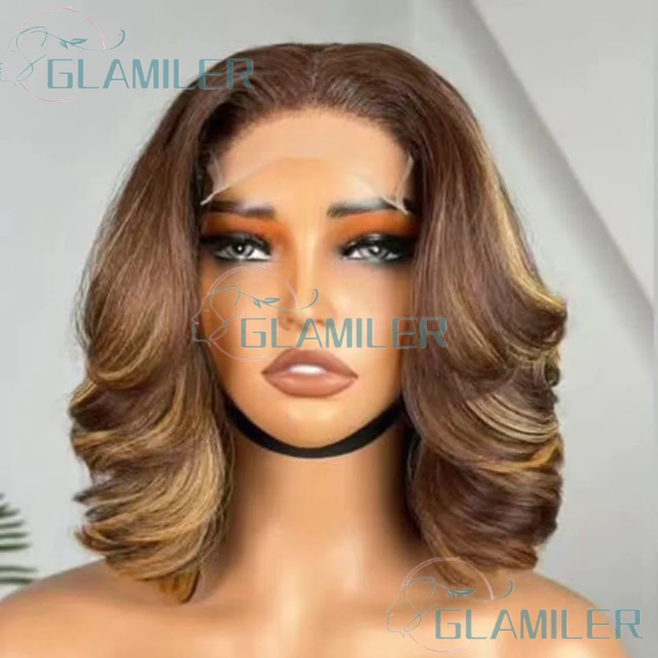 باروكات بوب دانتيل كاملة 360/مزودة مسبقًا، باروكات بوب قصيرة مموجة فضفاضة ومموجة، أشقر بني # 4/27 تسليط الضوء على الشعر البشري 5x5 الحرير أعلى إغلاق الباروكات