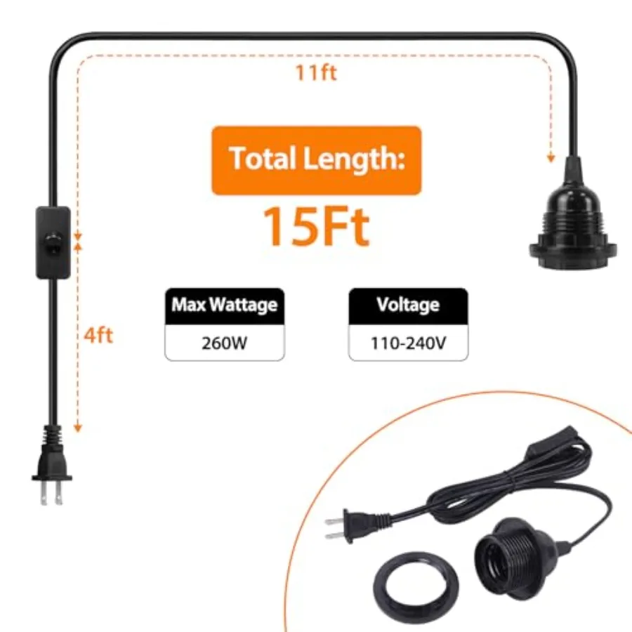 Plug in Pendant Light 15Feet 2 Pack, Hanging Lights with Plug in Cord, E26/E27 Socket Hanging Lamp Light Cord, Black Extension