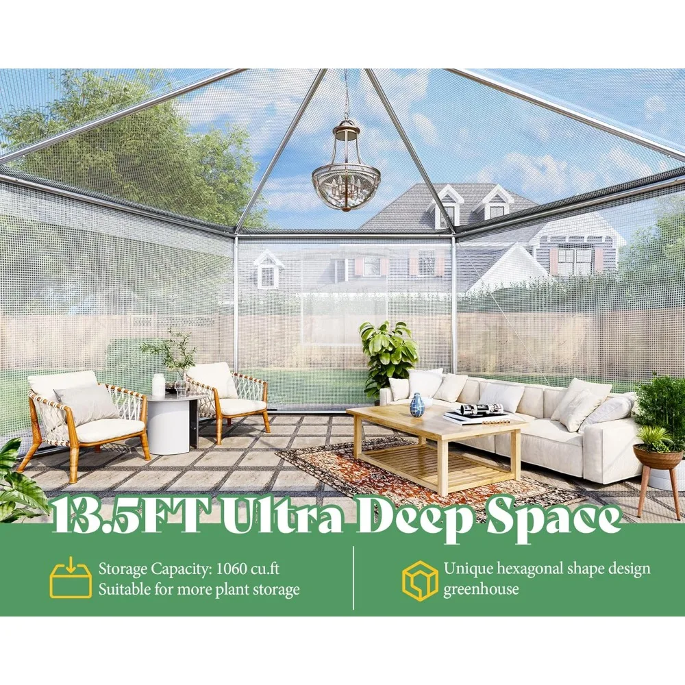 13.5 × 13.5 × 9 قدم، دفيئة سداسية للمشي في الهواء الطلق، دفيئة شديدة التحمل مع حبال مصدات الرياح #4