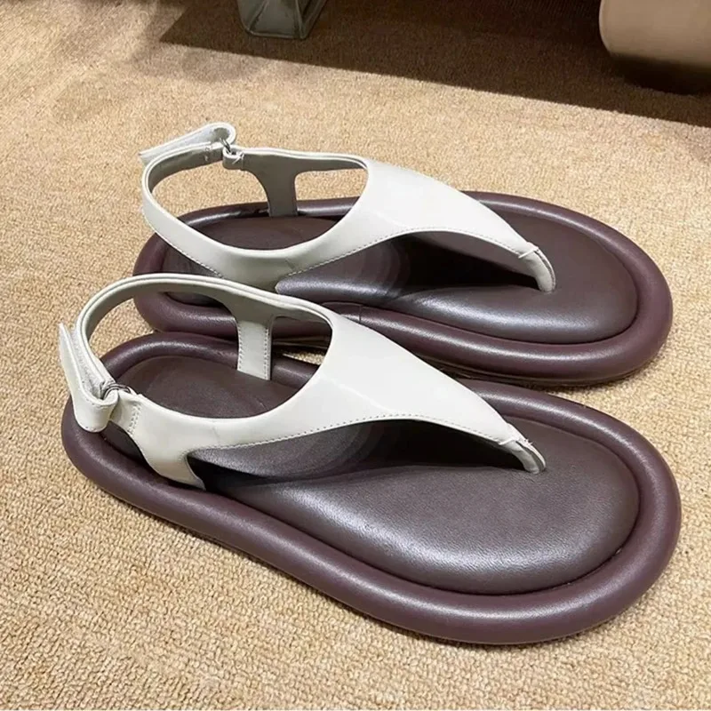 Fashion Beach Women Sandals Black White Leather Summer Shoes Ankle Buckle Flats Simple Round Toe Sandalias Comfortable Flip Flop