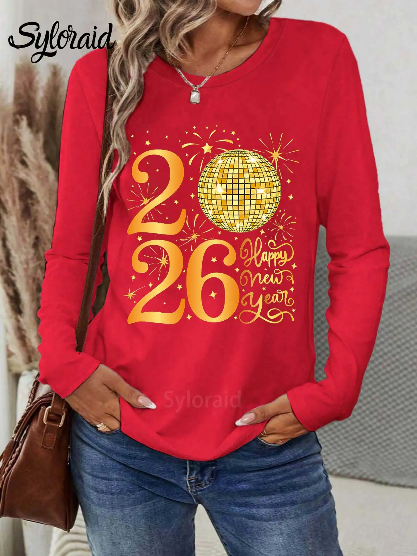 المرأة طويلة الأكمام تي شيرت "سنة جديدة سعيدة 2026" الذهبي ديسكو الكرة طباعة تي شيرت موضة الجولة الرقبة رداء علوي غير رسمي