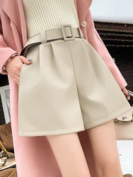PU Leather Belt Shorts Loose Pleated Wide Leg Women's Clothing Versatile Slim 2024New Collection Casual Office Lady Style A-line