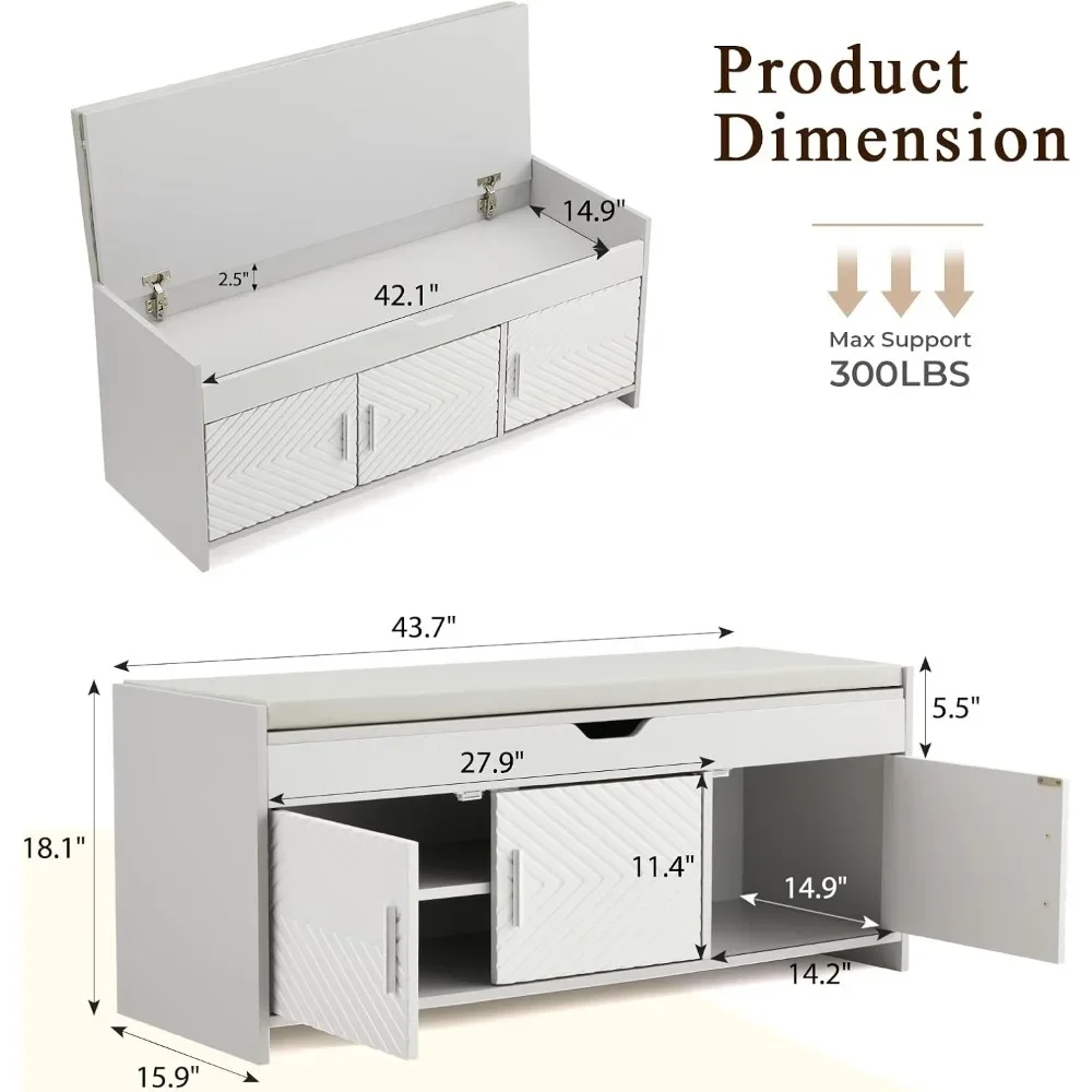 쿠션 처리된 나무 수납 벤치, 리프트 탑 신발장, 현관 벤치, 거실 장식용 조절 가능한 선반