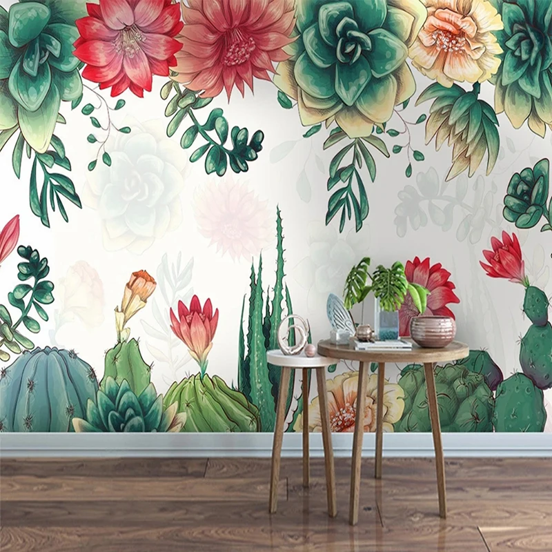 

Pastoral Theme Wallpaper Custom Photo Mural Nordic Fresh Flowers Cactus Leaf Pattern Decoration Painting Eco-friendly Home Decor