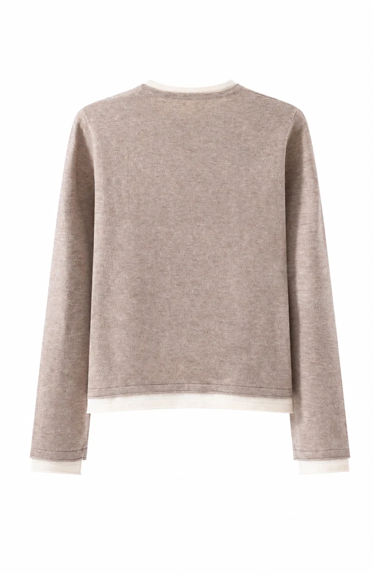 ML62039 Damen-Strickpullover mit Rundhalsausschnitt, Langarm, Zweiteiler-Optik, Kontrastfarbener Besatz, Lässiger Pullover für Herbst und Winter – Detail 16