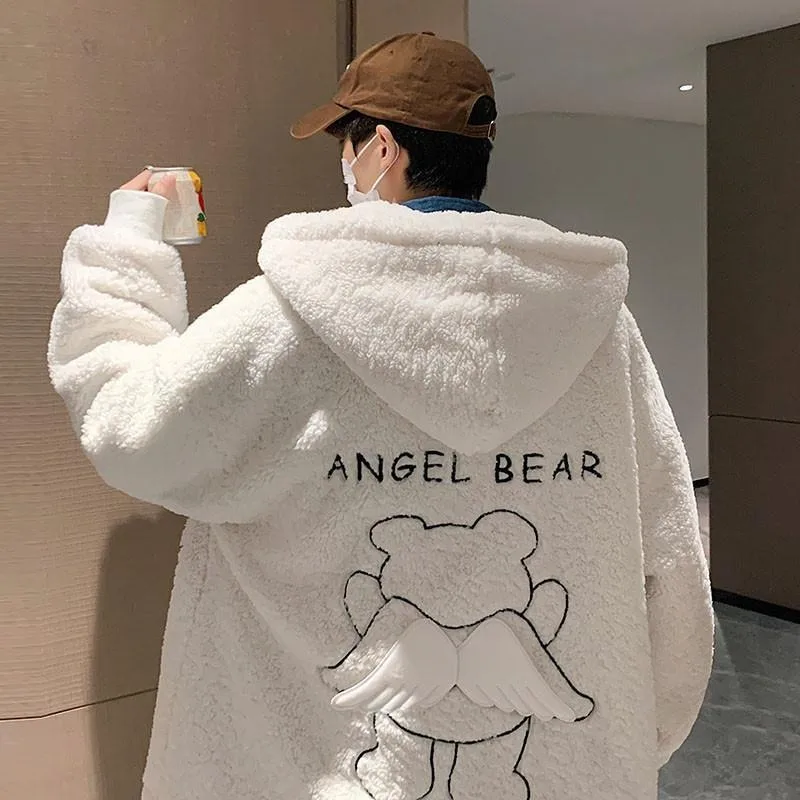 Y2K Fashion American New Bear Wings Lambswool Gothic Punk Style Loose Hooded Korean Fashion Couple Coat For Men And Women Clothe