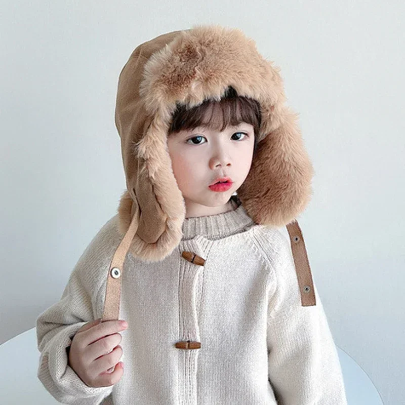 New Kids Bomber Hat Fur Fluffy Plush Lining Girl Boy Winter Cap with Earflaps Helmet Beanies Bonnet Children Russian Hats 2-8Y