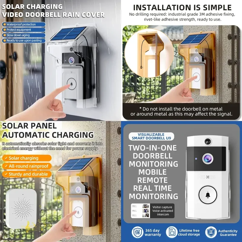 Suitable for HD Wireless Video Doorbell Solar Powered Smart Intercom Surveillance Camera with Rain Cover for Home Security