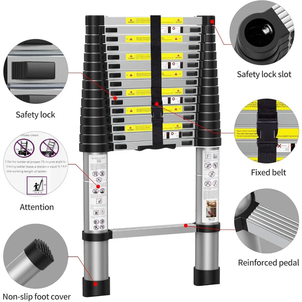 Teleskopowa drabina przedłużająca 15,5FT, aluminiowa drabina teleskopowa z torbą do przenoszenia do użytku na zewnątrz w pomieszczeniach, pojemność 330lb/150kg