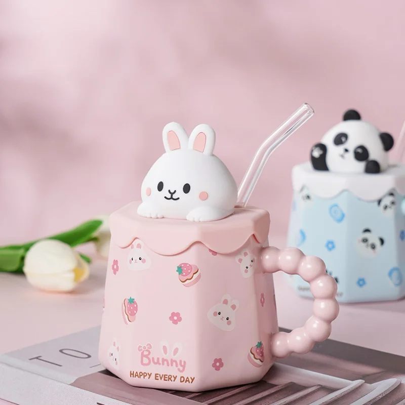 

Very Cute Cartoon Animal Ceramic Coffee Mug With Lid And Straw Best Gift For Friends Good Looking Coffee And Milk Cups Wholesale