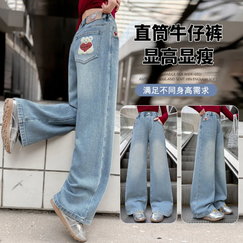 Girls' Loose Embroidered Jeans with Adorable Bear Pocket, Soft and Durable Denim Straight-leg Pants for Girls Aged 7-14