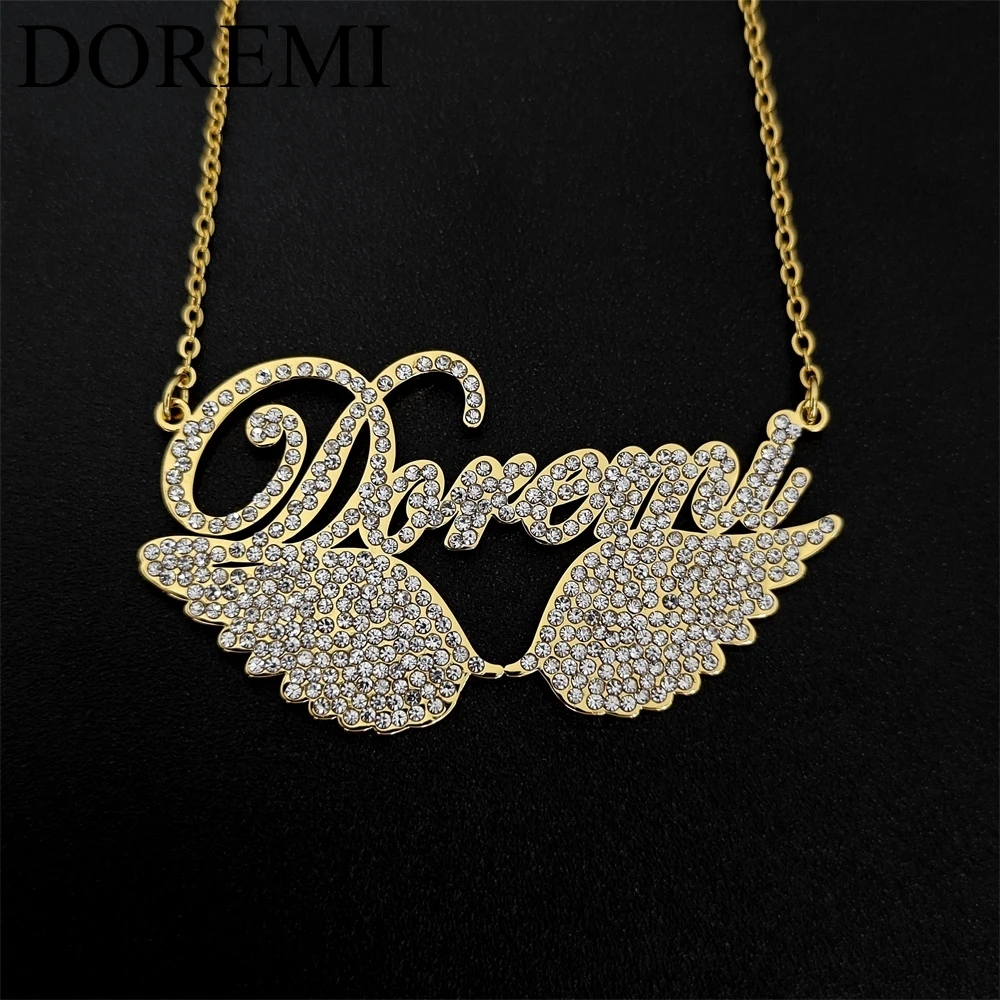 DOREMI Stainless Steel Cursive Crystal Zircon Name Necklace Girls Jewelry Custom Name Necklace Personalized Angel Wings Necklace