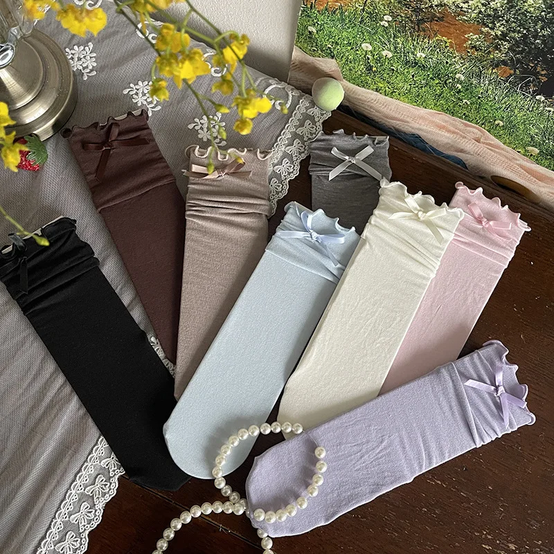 New Spring Girls Candy Color Socks Sweet Ruffle Cuff Bowknot Stocking for Children Soft Cotton Daily Ballet Calf Socks