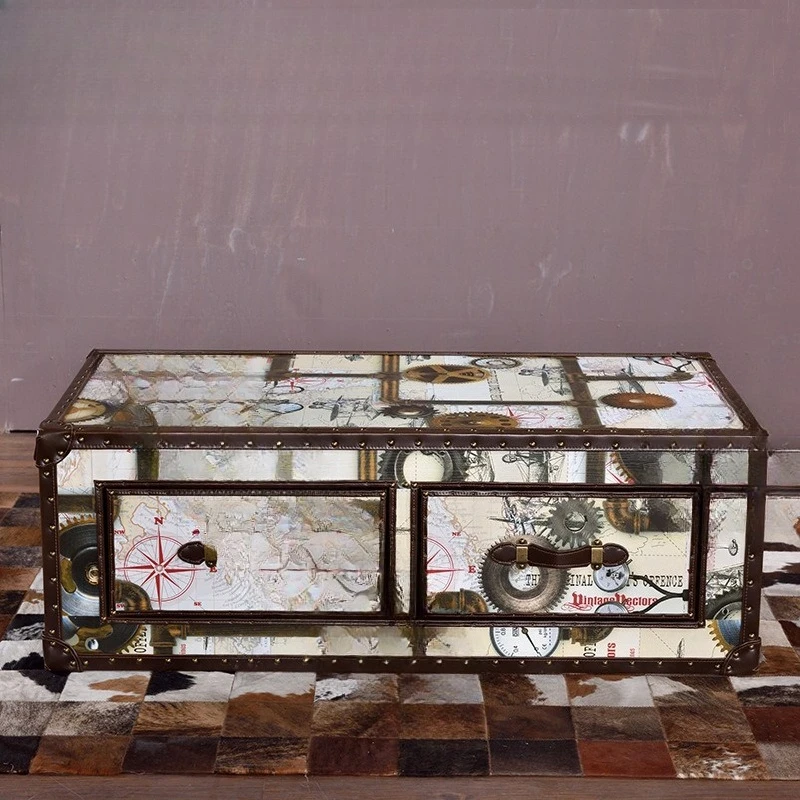 Double pumping coffee table box cabinet type retro old coffee table