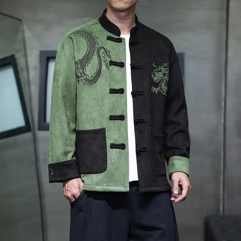 Autumn and Winter Jacket for Men Chinese Dragon Embroidery Tang Suit Coat Suede Chinese-style Patchwork Jackets