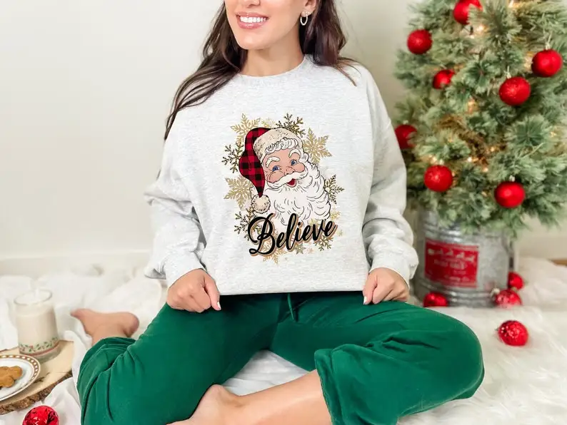Spring and Autumn Fashion Believe Santa Sweatshirt Santa Claus Sweater Christmas Santa Sweat Shirt Retro Long Sleeve Women Men