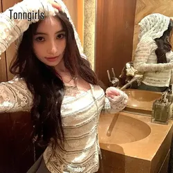 Tonngirls Korean Style T Shirt Women Skinny Hooded Lace Striped Crop Tops Y2k Vintage Tops Fairycore Autumn See Through Tee Tops