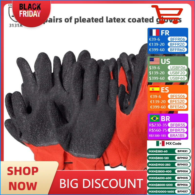 

12 pairs of anti slip and wear-resistant thick latex safety work gloves, palm coated gloves, gardening machinery work gloves