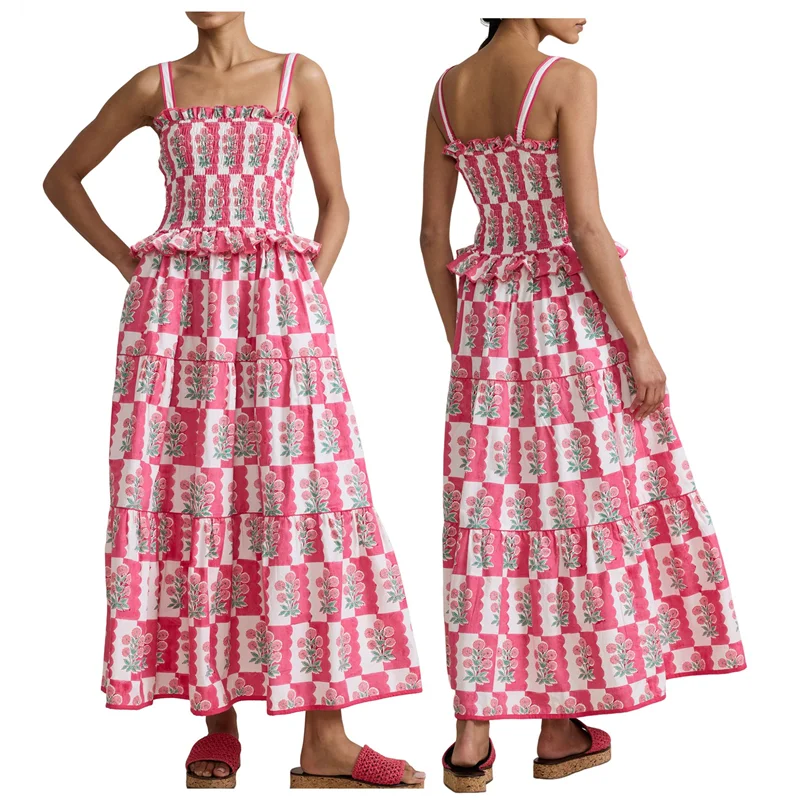 Abito estivo da donna Boho con cravatta sulla spalla Y2k Abito lungo fluido smock floreale con volant a strati Beach Vocation Sundress-A55G