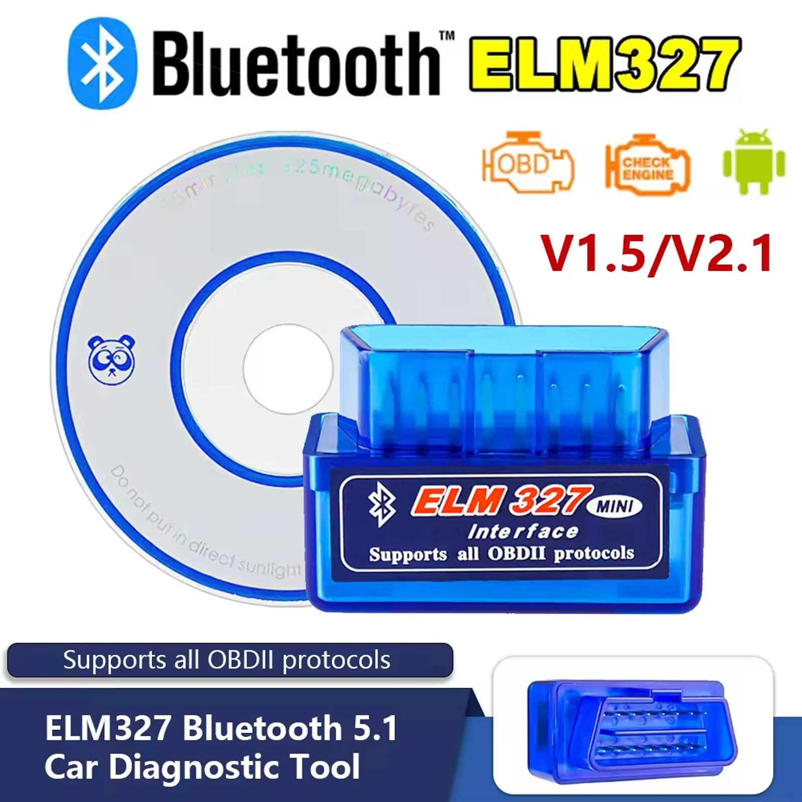 Bluetooth 5.1 16 PIN Interface ELM327 V2.1 OBD2 Scanner Car Diagnostic Tool Code Reader Tool Super MINI ELM 327 V1.5 For Android