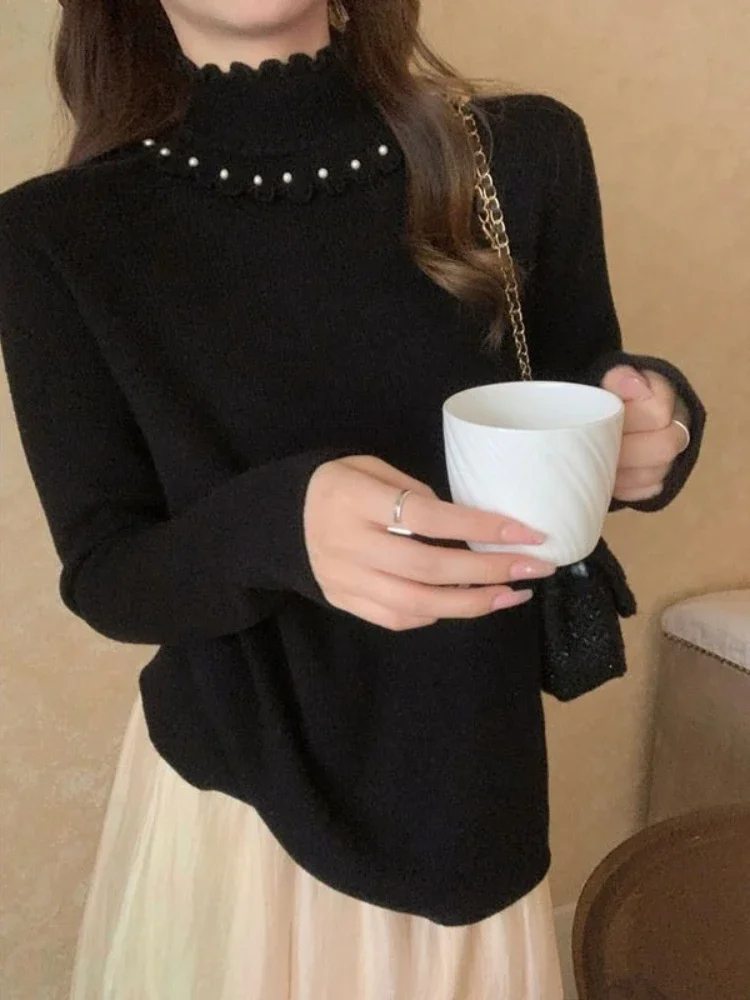 Fungus Edge Half High Collar Knitted Sweater Autumn and Winter Fleece-lined Sweater Women Black Simple Versatile Pullover