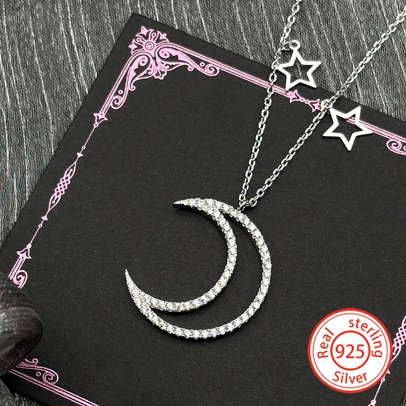 

Zircon 925 Sterling Silver Crescent Moon Star Pendant Necklace for Women Girl Simple Charm Wedding Party Chain Jewelry Gift