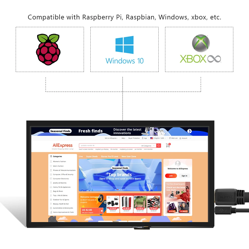 Imagem -04 - Polegada 10 Polegada Módulo Lcd 1024*600 Ips Display Tela Raspberry pi com Tela de Toque Suporte Pi3 Pi4 3b Laranja pi Banana pi 10.1