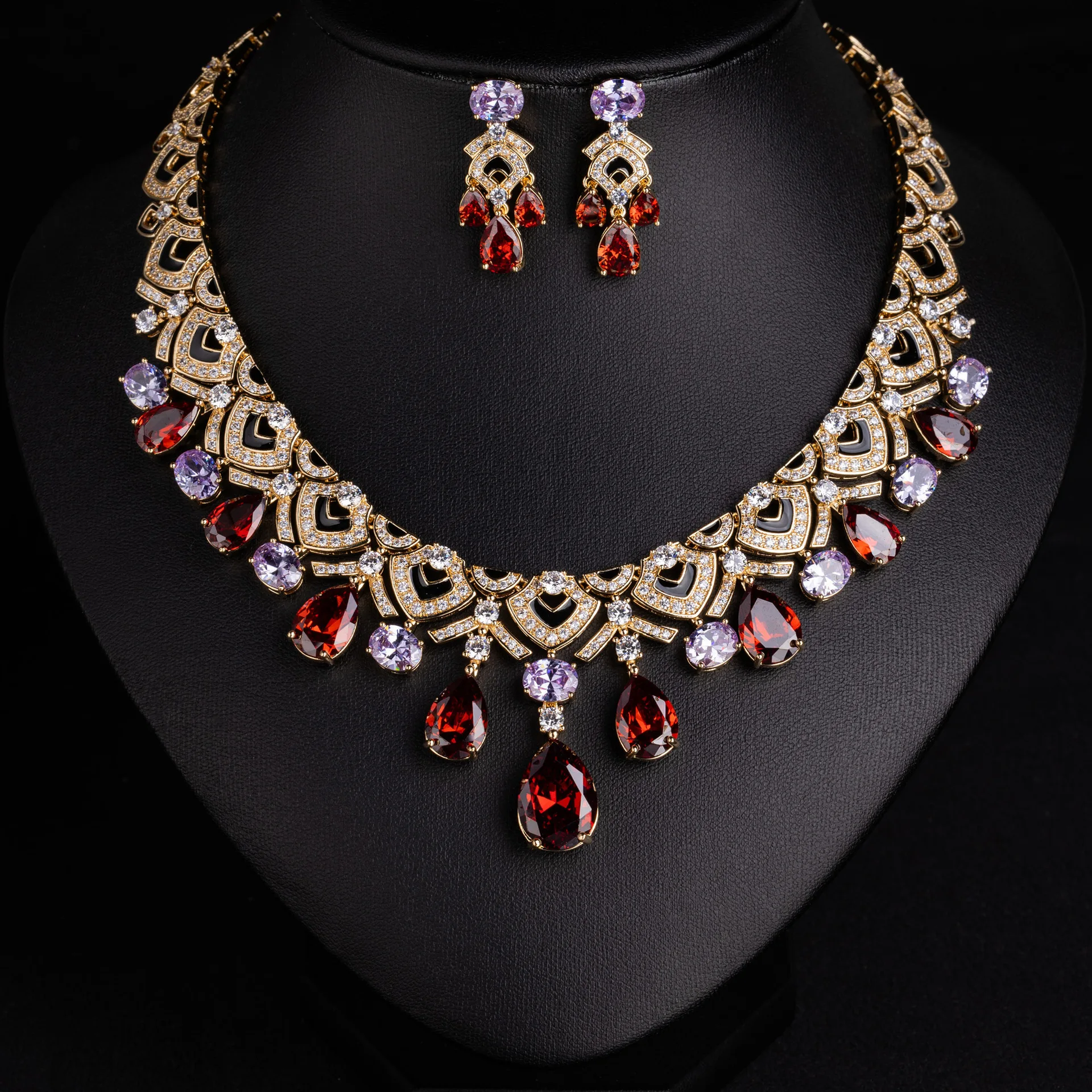 European American Heavy Craft Necklace And Earring Set for Women, Light Luxury High End Water Drop Zircon Jewelry Set for Weddin