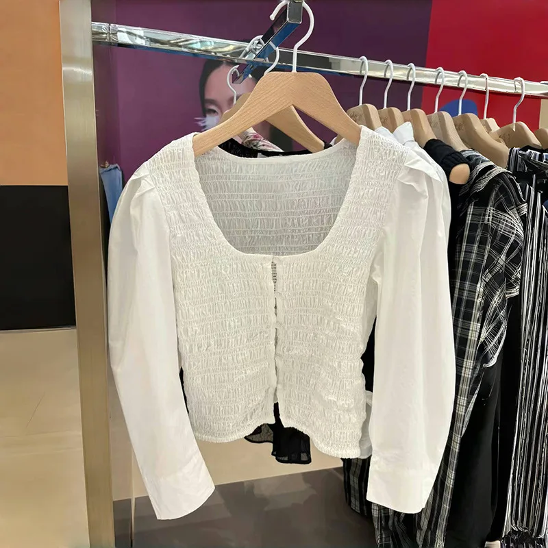 Blusa de manga longa soprada feminina, colarinho quadrado, peito único, doce e fino, design dobrado, primavera, verão, novo, 2021