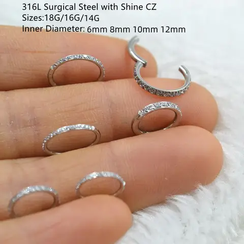 10pcs/Lot 316L Surgical Steel 18G 16G 14G Nose Seamless Hinged Segment Septum Clicker Ring Ear Cartilage Rook Helix Hoop Ring CZ