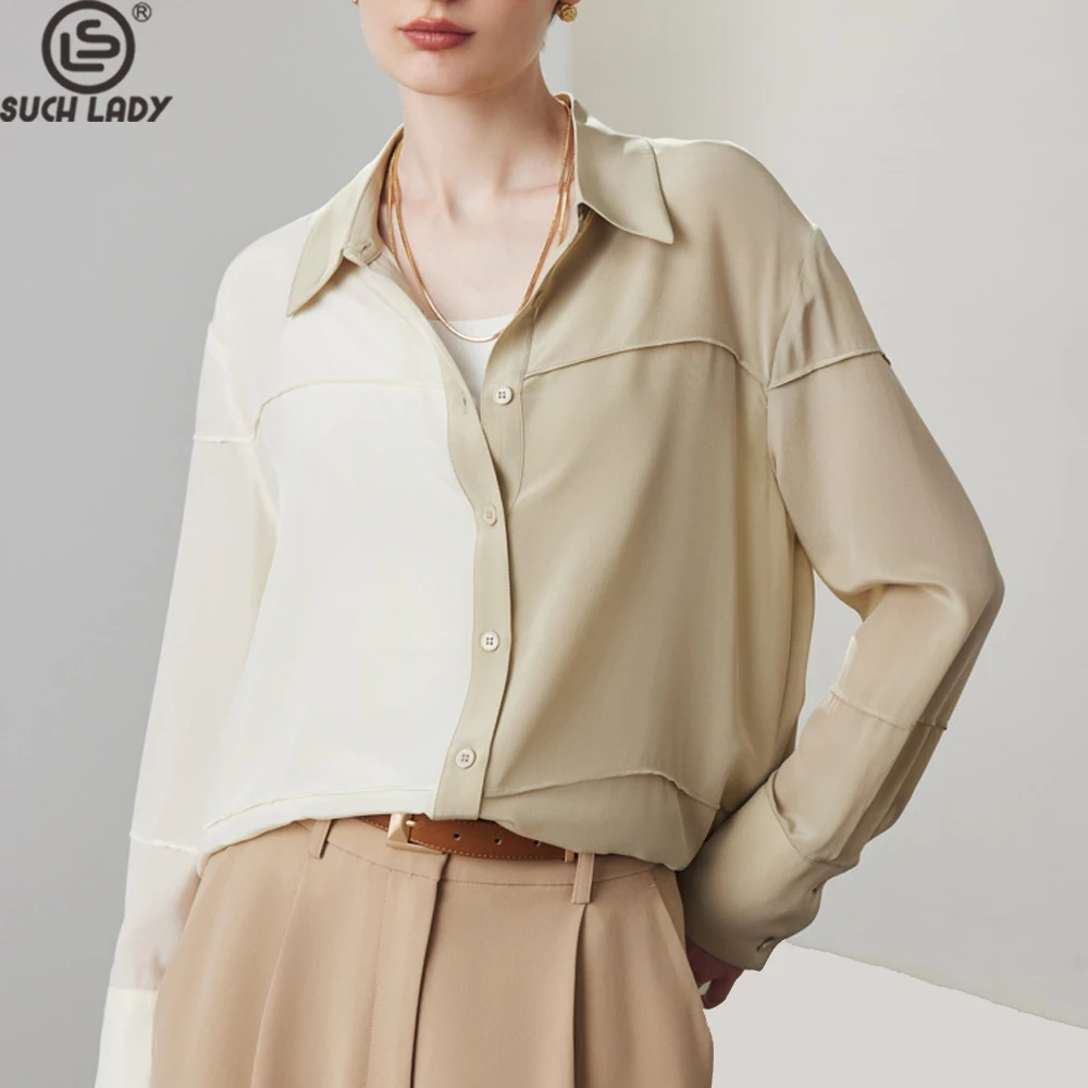 

Женская рубашка из 100% шелка с отложным воротником и длинными рукавами, модная элегантная блузка с цветными блоками, топы