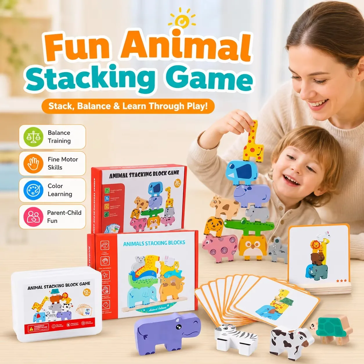 Wooden Animal Stacking Blocks Balance Game with Challenge Cards, Montessori Fine Motor Educational Toy for Toddlers Kids