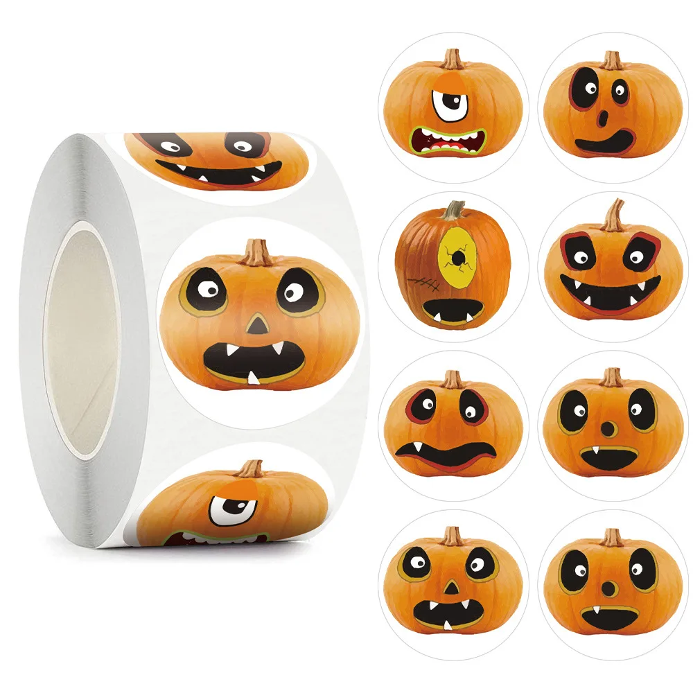 500Pcs/roll variouspumpkin designs, cartoon Halloween, thank you, cute expression, party, sealed labels, stationery stickers