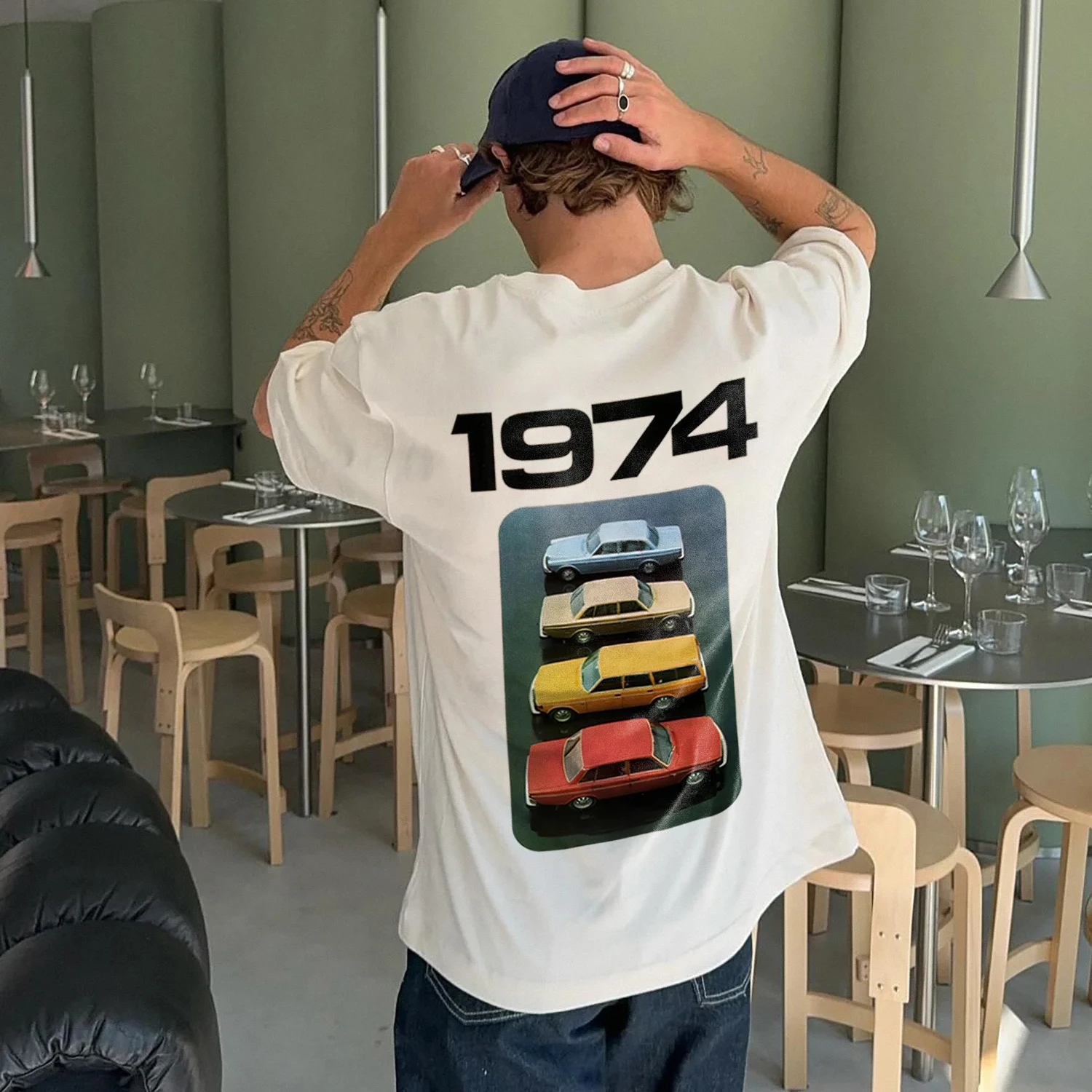 

Casual Vintage Streetcar Print Short Sleeve Crew Collar T-shirt Cotton Soft Fabric Spring and Autumn Bottoms for Men and Women