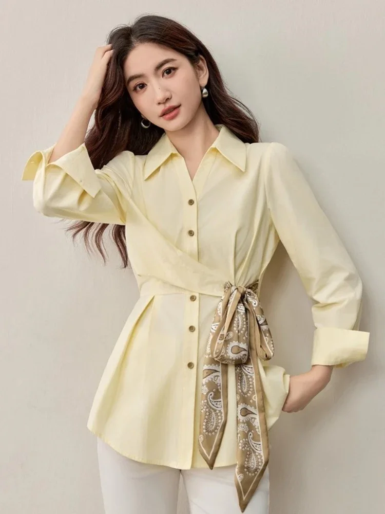 Sentubila 100% algodão feminino cachecol cinto camisa outono 2025 cintura polo pescoço elegante commuter blusa manga longa topo w53ca2860