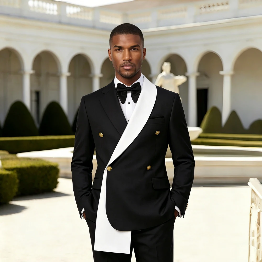Double Breasted Wedding Suits for Men 2 Pieces Asymmetric Neck Slim Fit Blazer Set for Groom Guest Party Prom (Jacket+Pants)
