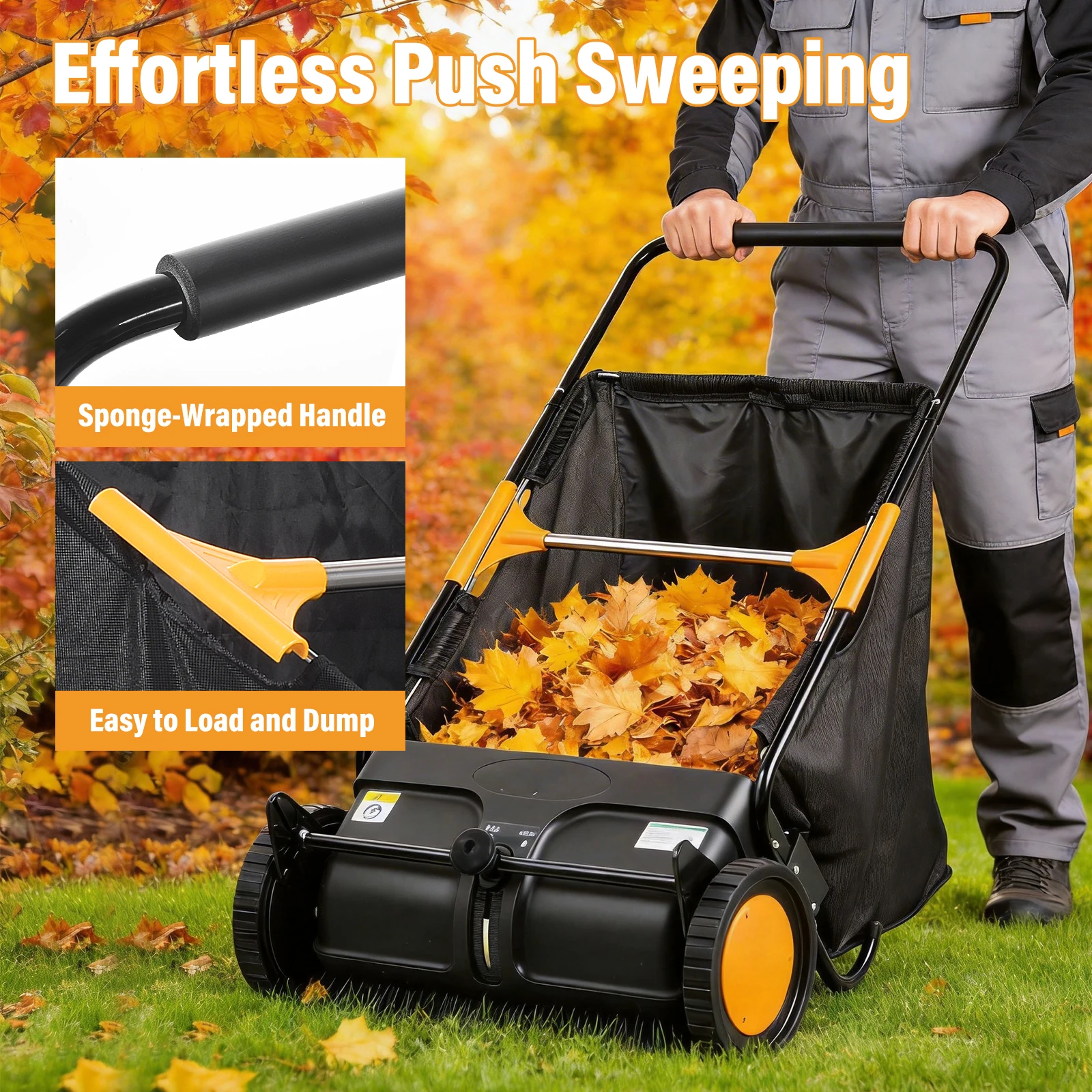 Outdoor Power Broom - Heavy Duty Walk Behind Lawn Sweeper