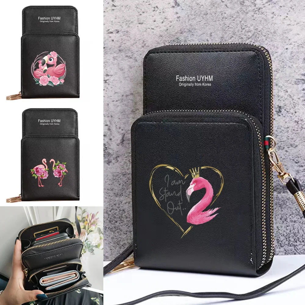 Mobile Phone Bag Touch Screen Universal For IPhone Xiaomi Huawei Cell Cover Case Leather Crossbody Shoulder Bags Flamingo Print