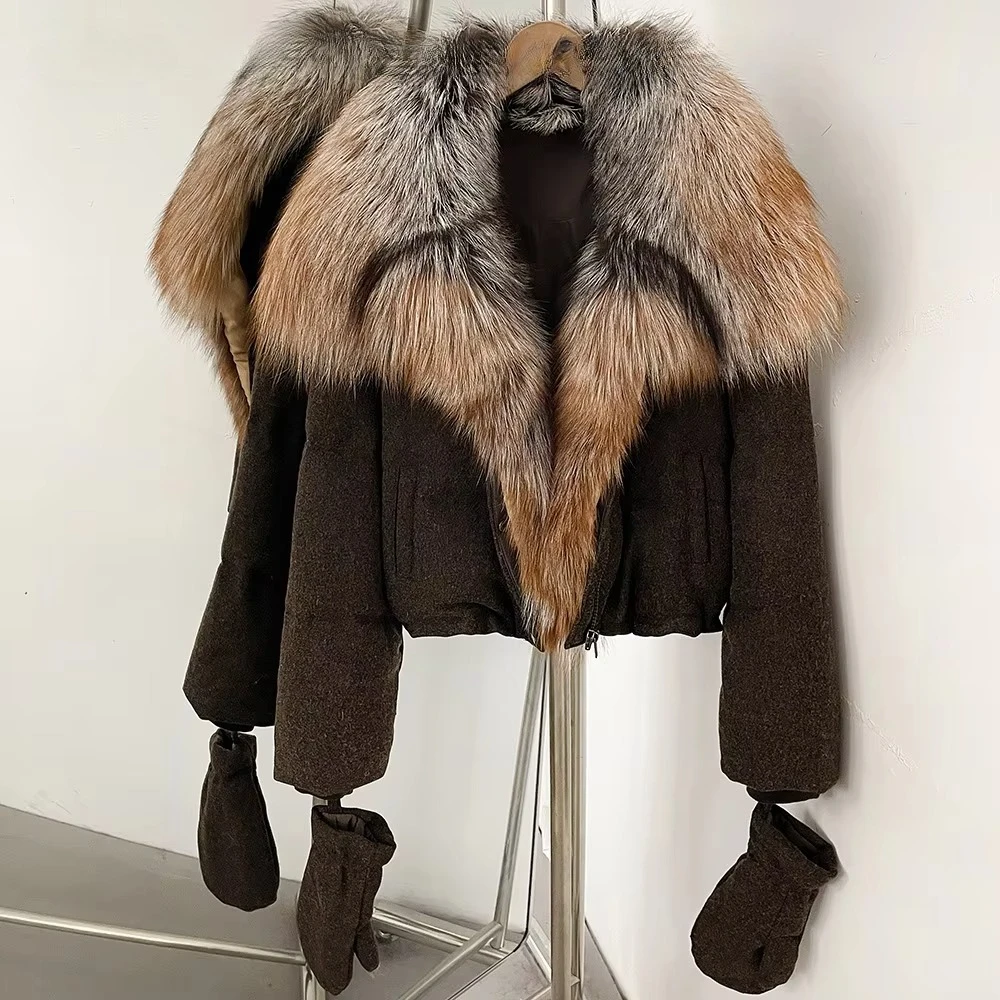 Lightweight Warm Down Coat Luxury Natural Fur Real Fur Jacket Warm Puffer Jacket with Gloves Parka Outwear Windproof Winter