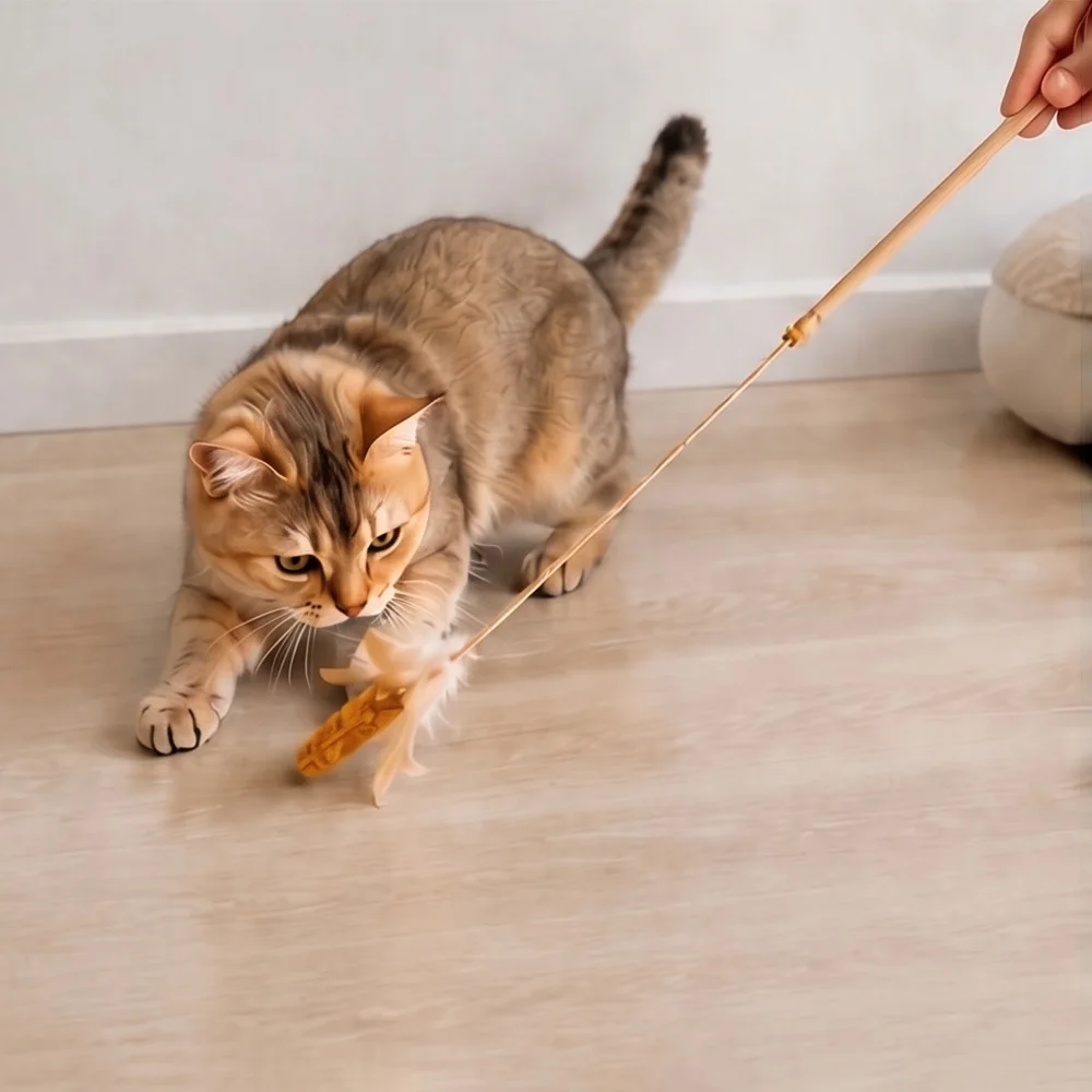 Simulierter Sorghum-Teaser-Stab: Interaktives Katzenspielzeug mit lustigen Federn und buntem Stab – Zubehör für Haustierkatzen – Detail 6