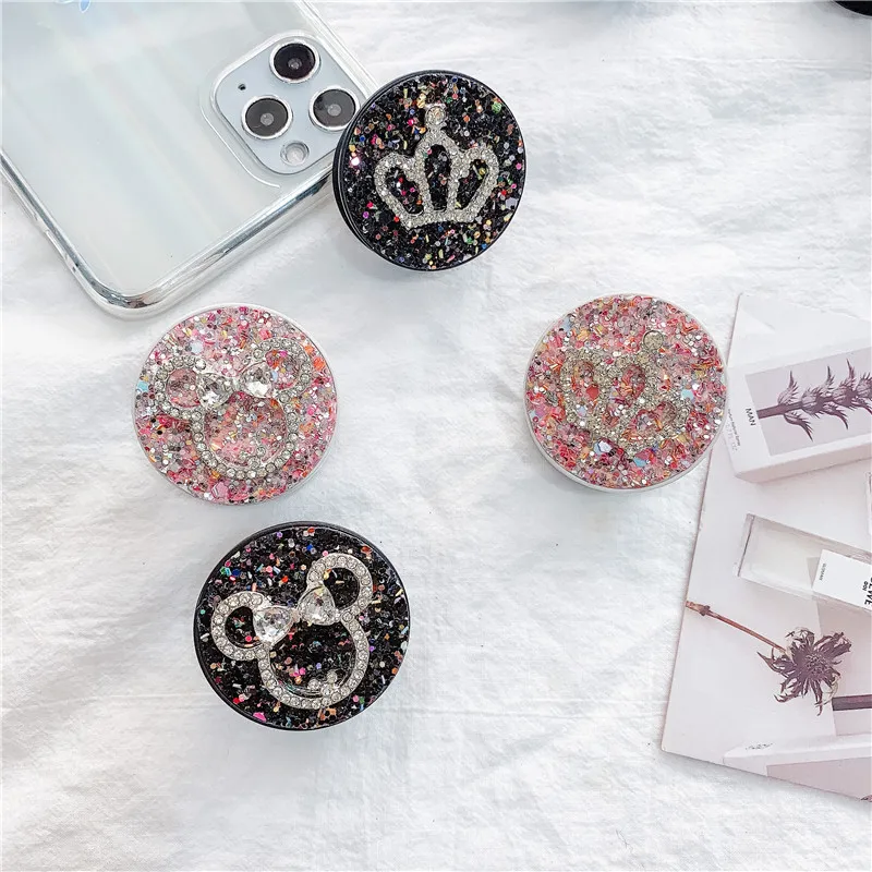 Support d'airbag extensible en diamant d'eau rose scintillant pour tablettes, support universel pour téléphone portable, support paresseux en pâte mignonne de dessin animé