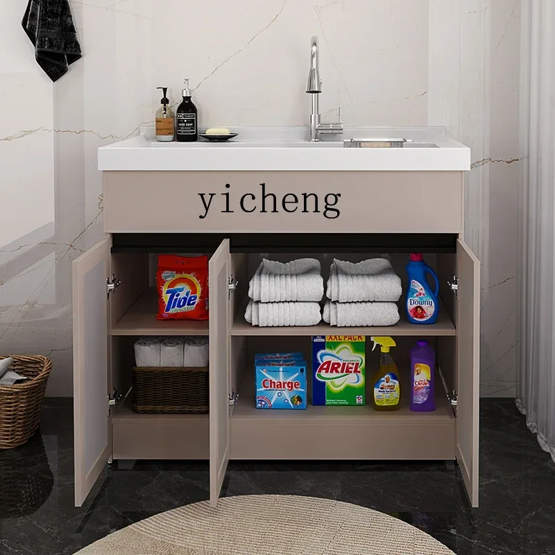 

X5-20 Balcony Space Aluminum Laundry Cabinet Floor Cabinet Laundry Pool Quartz Stone with Rub Board