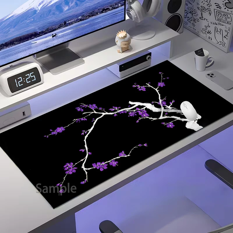 Purple Cherry Blossoms Rubber Mouse Pad Sakura Art Gaming Mats Non-slip Rubber Base Large Desk Mat Pads for Game & Office Room