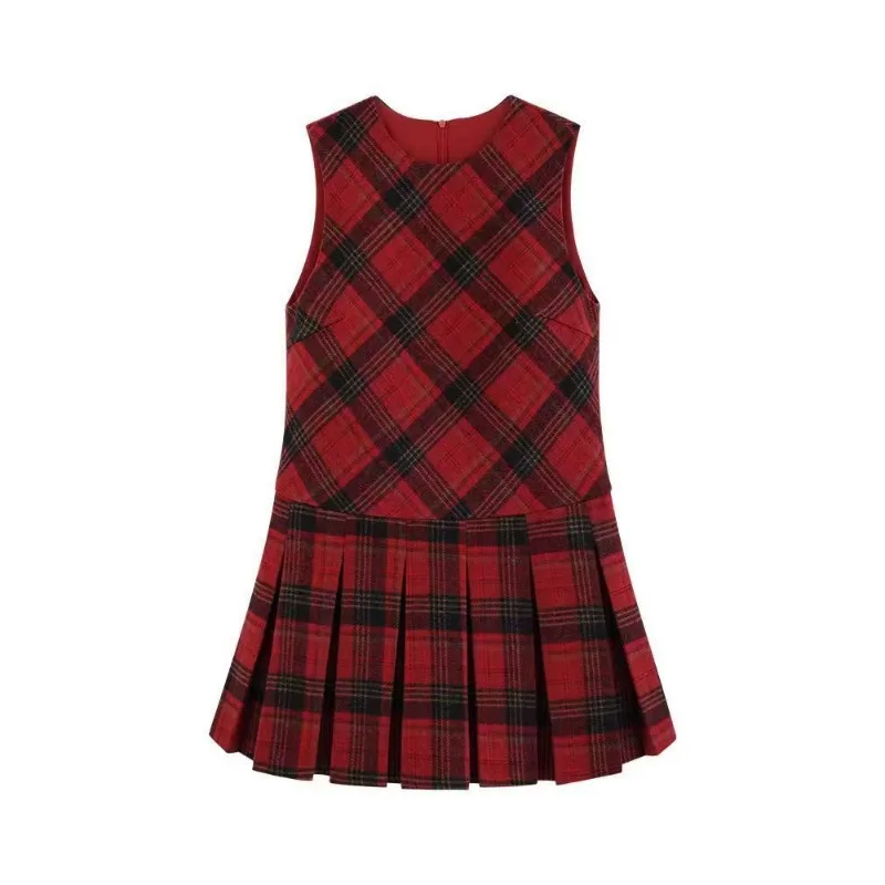 Vestido retrô contrastante xadrez colete para mulheres na primavera e no outono temperamento emendado sem mangas em camadas vestido plissado linha A